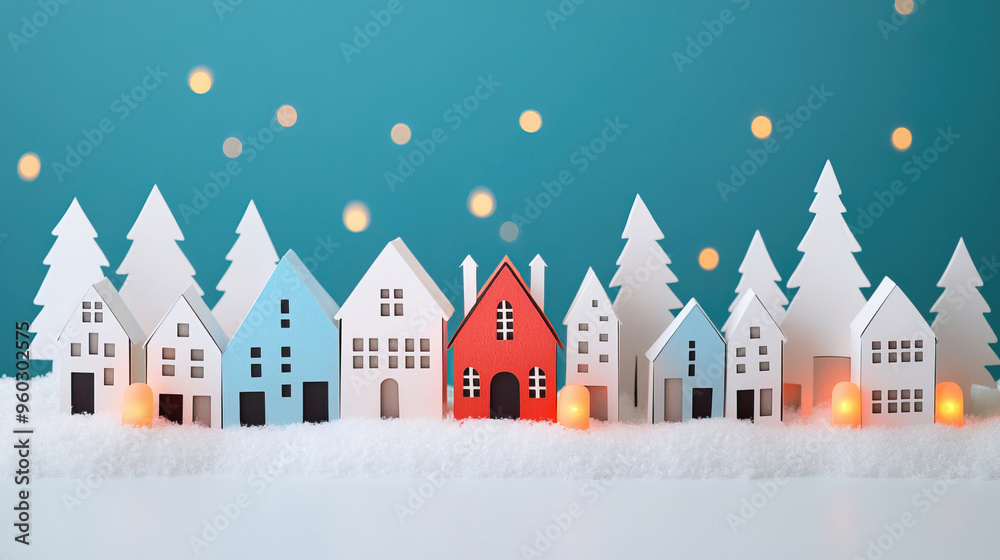 Charming paper cut winter village scene with colorful houses nestled among snowy trees and soft lights, perfect for holiday themes. Charming paper cut winter village scene with colorful houses nestled among snowy trees and soft lights, perfect for holiday themes.