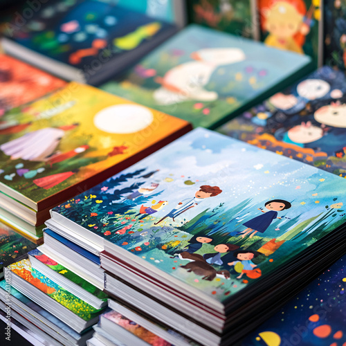 Vibrant collection of children's books with playful illustrations, featuring colorful characters and imaginative scenes photo