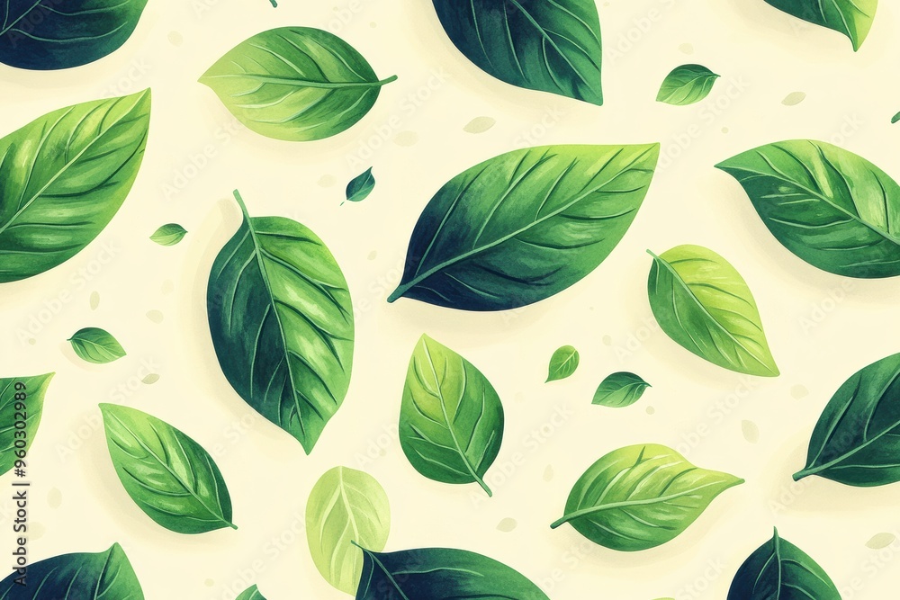 Vibrant Green Leaves Pattern on Light Background
