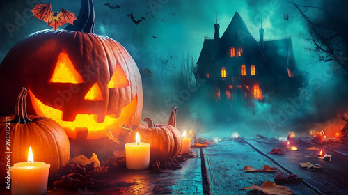 halloween background with pumpkin and bats | foggy | dark | mysterious | gothic