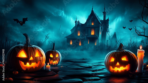 halloween background with pumpkin and bats | foggy | dark | mysterious | gothic