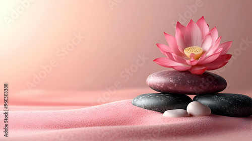 Serene composition of lotus flower and stones on soft background.