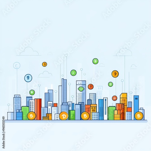 A vibrant city skyline illustration with currency symbols representing the digital economy and finance themes.