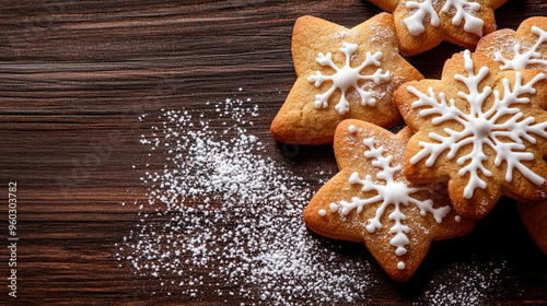 Delicious gingerbread cookies in star shapes, decorated with icing, placed on a rustic wooden table with powdered sugar.