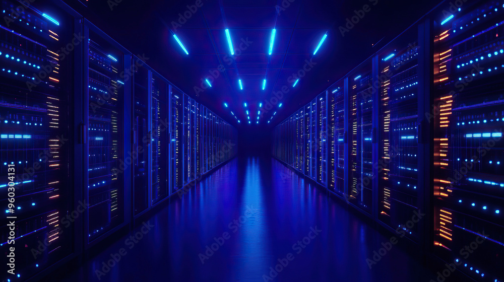 Futuristic data center with blue lighting, showcasing rows of servers in a sleek, modern environment. Futuristic data center with blue lighting, showcasing rows of servers in a sleek, modern environment.