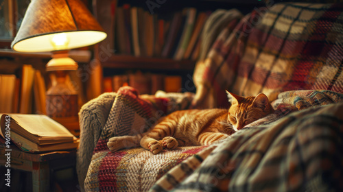 Cozy reading nook with a cat sleeping on a chair. photo