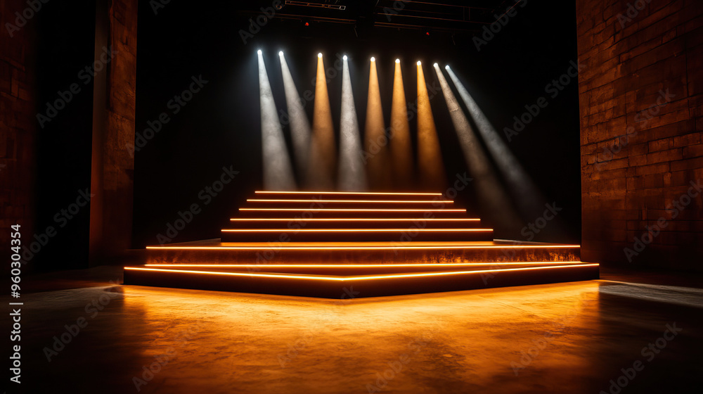 Fototapeta premium Illuminated stage with dramatic lighting and wooden design, perfect for performances and events in a modern setting.