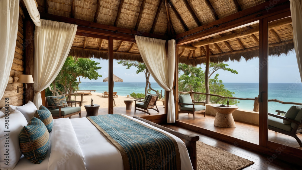 african resort bedroom made with wooden logs and eco-friendly material with tropical sea view african resort bedroom made with wooden logs and eco-friendly material with tropical sea view