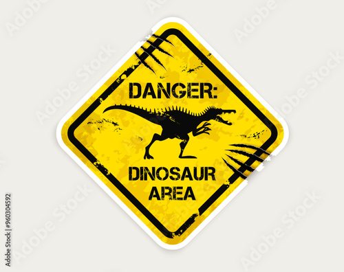 Spinosaurus dinosaur warning sign with claw mark scratches. Vector grungy yellow and black rhombus-shaped banner with danger dino predator silhouette. Distressed cautionary message, alert signboard