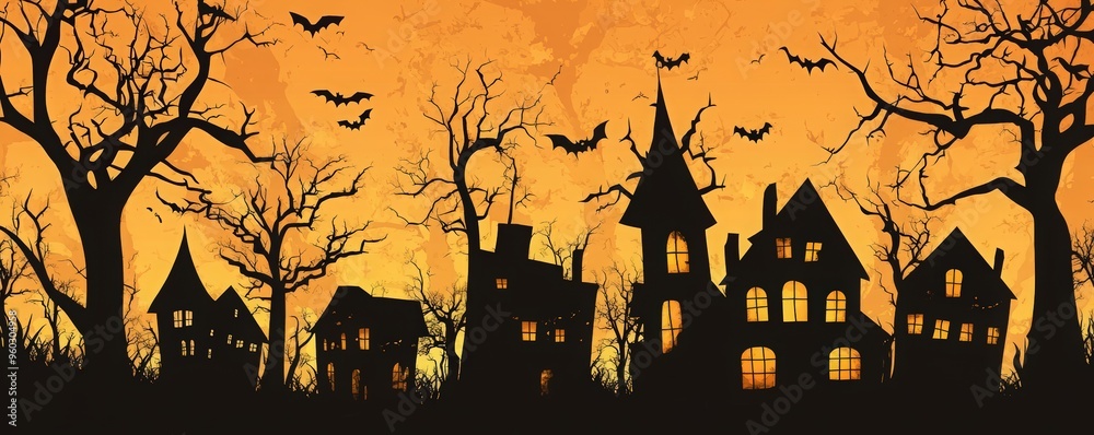 Halloween houses in the woods on an orange background, spooky atmosphere, silhouettes of trees, spooky trees with spider webs Halloween houses in the woods on an orange background, spooky atmosphere, silhouettes of trees, spooky trees with spider webs
