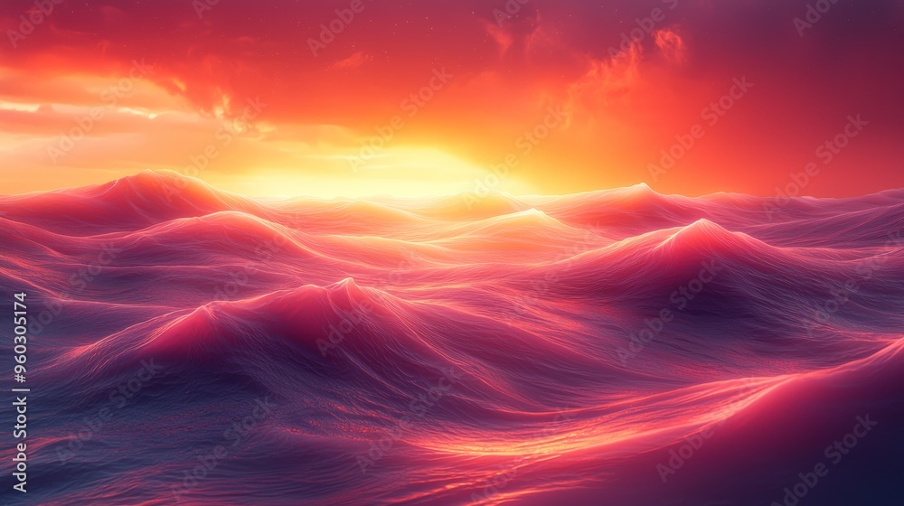 Vibrant sunset reflecting on ocean waves during twilight, creating a serene atmosphere in the evening sky above the water Vibrant sunset reflecting on ocean waves during twilight, creating a serene atmosphere in the evening sky above the water