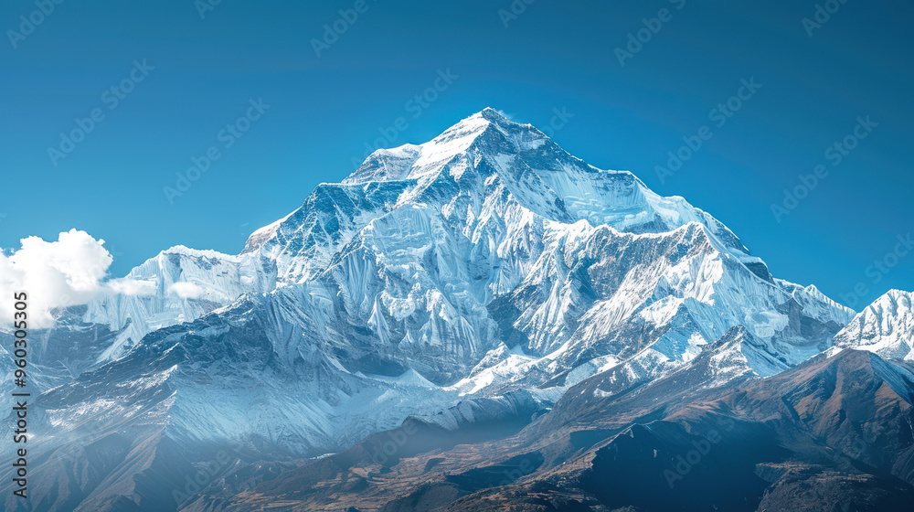 Snow-covered mountain peak under a clear blue sky, crisp and cold light,landscape. Snow-covered mountain peak under a clear blue sky, crisp and cold light,landscape.