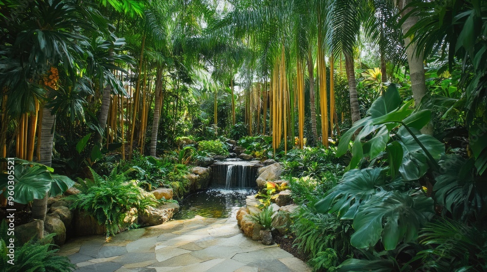 Lush tropical garden filled with palm trees, exotic plants, and a bamboo water feature. Lush tropical garden filled with palm trees, exotic plants, and a bamboo water feature.