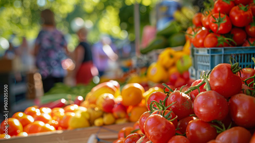 Farmer's market scene with vibrant fruits and vegetables. photo