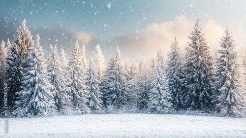 Snow-covered forest landscape during winter showcasing tall evergreen trees and gentle snowfall in a peaceful atmosphere