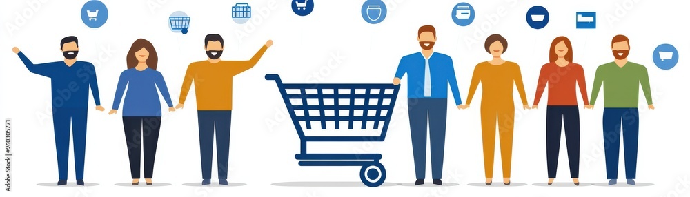 Illustration of diverse people with a shopping cart and symbols representing online retail and customer interaction. Illustration of diverse people with a shopping cart and symbols representing online retail and customer interaction.