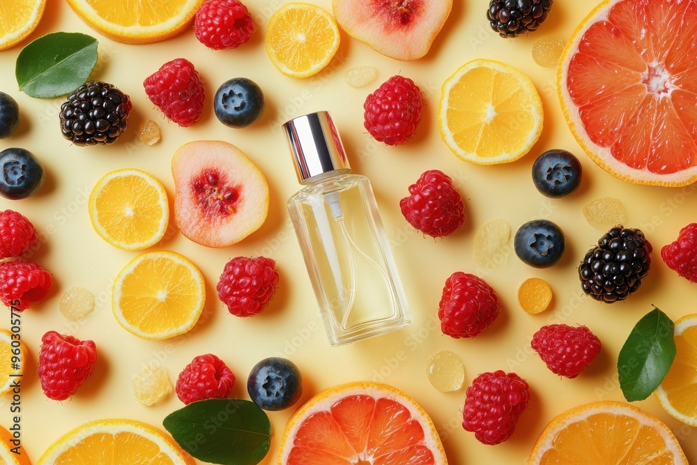 Bottle of body mist with assorted fruits on a yellow background Bottle of body mist with assorted fruits on a yellow background