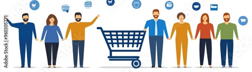 Illustration of diverse people with a shopping cart and symbols representing online retail and customer interaction.