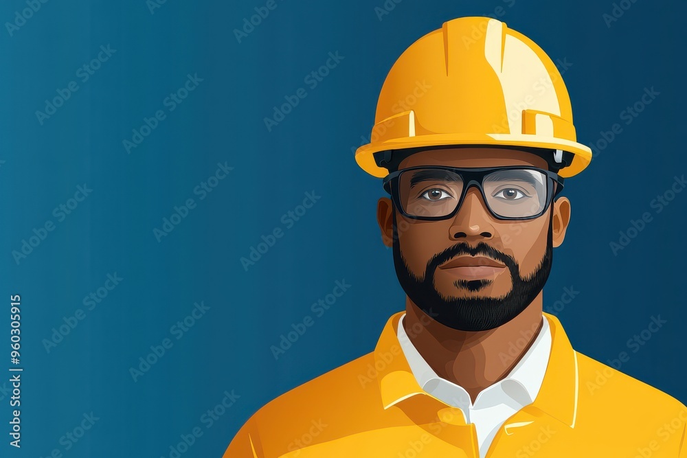 Portrait of a professional construction worker wearing a hard hat and glasses, ready for safety and teamwork on the job site. Portrait of a professional construction worker wearing a hard hat and glasses, ready for safety and teamwork on the job site.