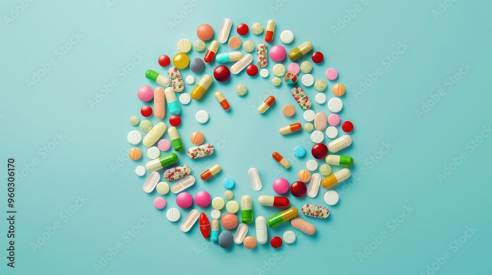 Colorful arrangement of various pills and capsules on a blue background, showcasing healthy living and wellness themes. Colorful arrangement of various pills and capsules on a blue background, showcasing healthy living and wellness themes.