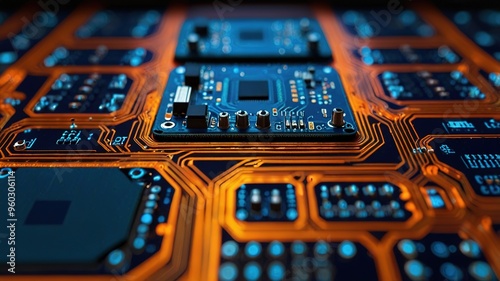 Orange, blue technology background/Orange and blue technology background circuit board and code