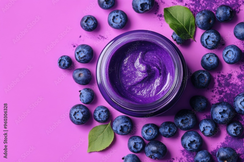Jar of body lotion surrounded by blueberries on a purple background Jar of body lotion surrounded by blueberries on a purple background