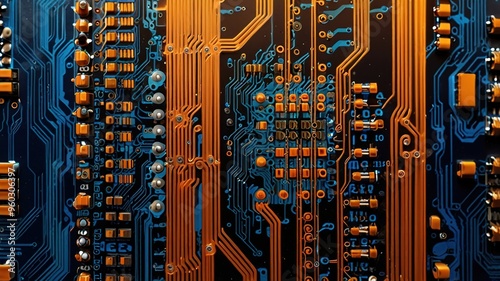 Orange, blue technology background/Orange and blue technology background circuit board and code