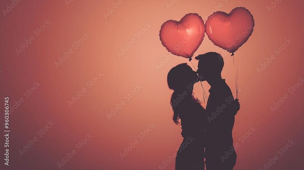 Silhouette of a romantic couple embracing under two heart-shaped balloons against a warm, rosy sunset sky, symbolizing love, passion, and togetherness.