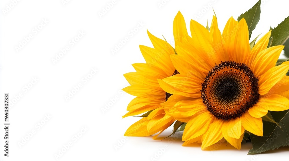 Obraz premium A radiant sunflower in full bloom, with bold yellow petals and a rich dark center, isolated on a crisp white background, Realism, High-Resolution Photography.