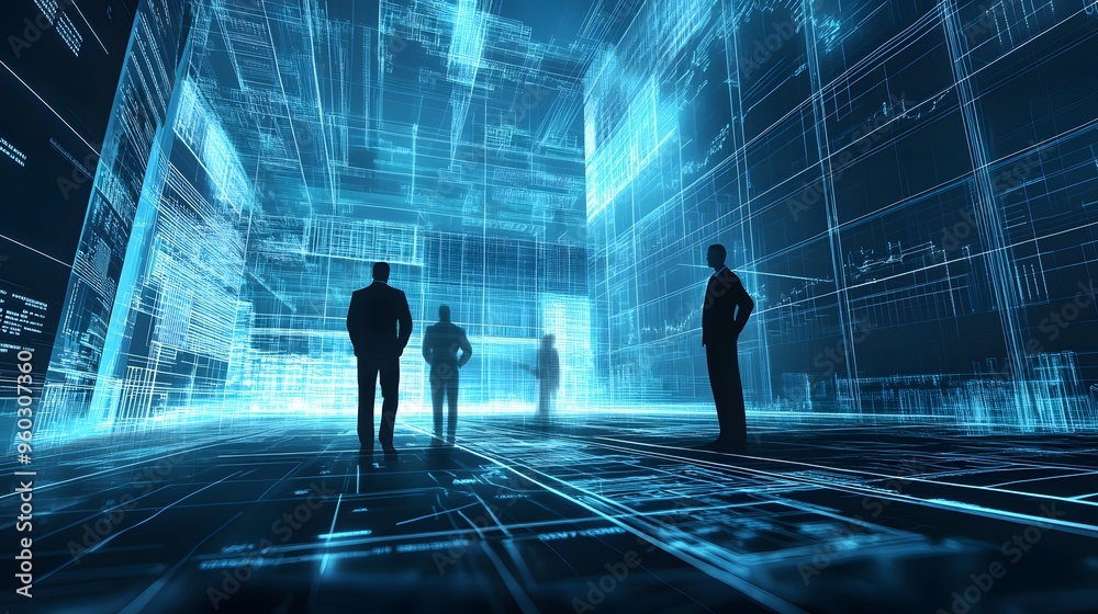 Obraz premium Visual of a digital blueprint with economic policy diagrams, government officials analyzing the plans, concept of structured economic development