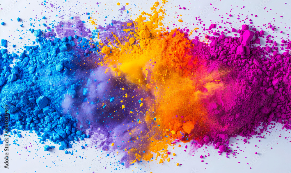 Fototapeta premium Vibrant Holi Powder Explosion with Yellow, Purple, Orange, and Blue Colors on White Background, Celebratory Festival Concept