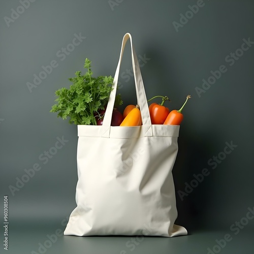 tote bag white vegetable and fruits can be seen above for grocary blank and plain darkcolor background photo