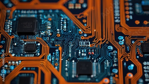 Orange, blue technology background/Orange and blue technology background circuit board and code