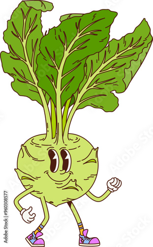 Groovy kohlrabi cabbage vegetable retro character. fun and quirky healthy vitamin food. Vector ripe veggie personage with a cheerful face, green leaves, gloves, and sneakers, striking a playful pose