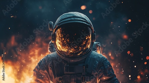 An astronaut stands amidst swirling flames and smoke, surrounded by the vastness of space and distant stars