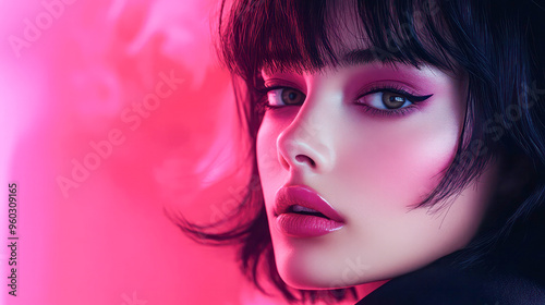 A woman with short hair and a pink lip color. She has a very pretty face. Generative AI