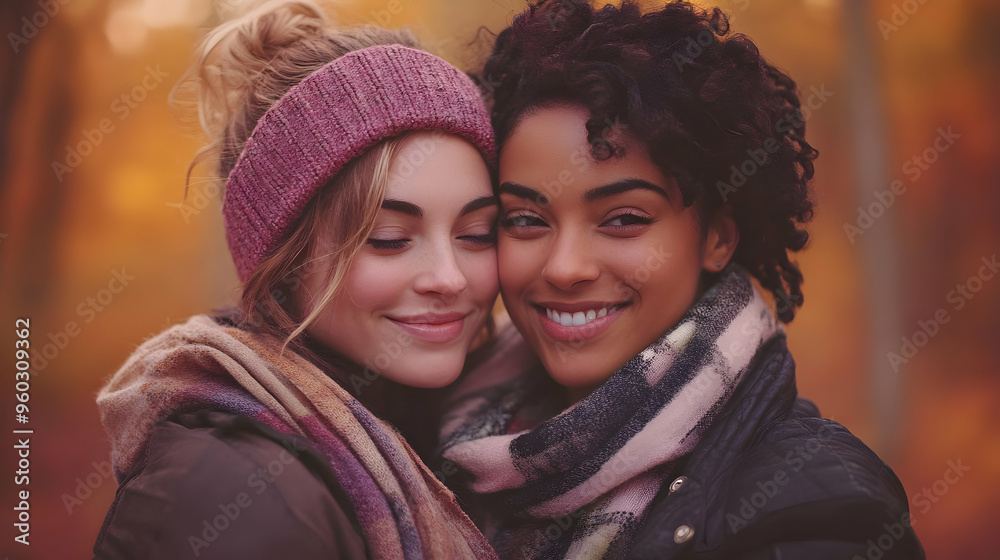 Two friends smiling together in a warm, autumn setting. Two friends smiling together in a warm, autumn setting.