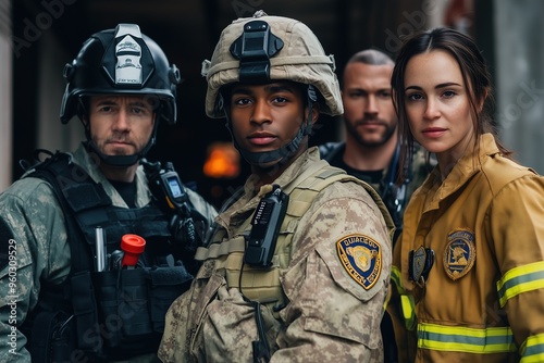 A USA soldier, police officer, firefighter, and emergency doctor are standing together. Full color photo. --ar 3:2 --v 6.1 Job ID: bfd6b1a8-12eb-4842-9ffa-385261f81713