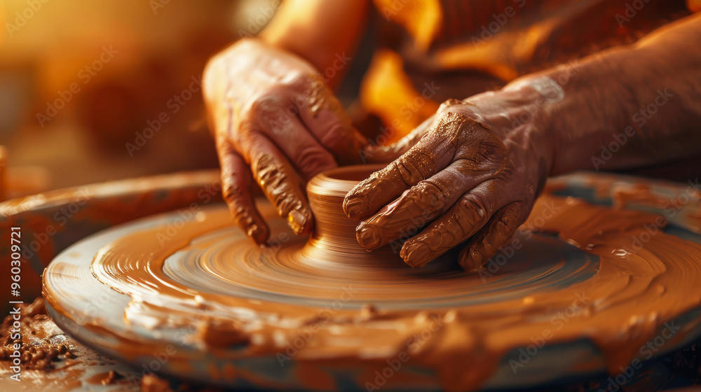 Potter shaping clay with skilled hands at the wheel, molding a vase with wet earthenware in a traditional craft setting Potter shaping clay with skilled hands at the wheel, molding a vase with wet earthenware in a traditional craft setting