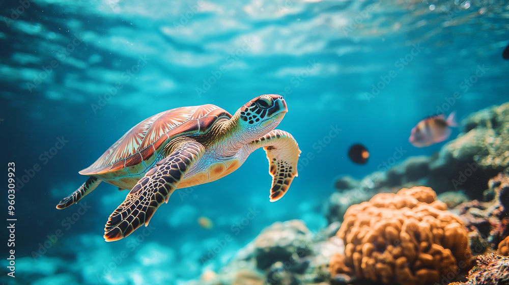 Fototapeta premium Sea Turtle Swimming Through Coral Reef