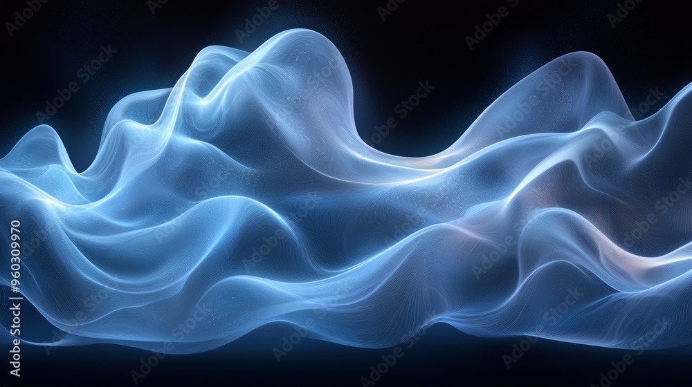 Obraz premium A flowing blue mist gracefully undulating on a dark backdrop, creating an ethereal atmosphere reminiscent of soft waves
