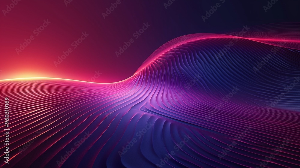 Futuristic abstract wave design featuring vibrant gradients of purple and pink with smooth waves and a glowing background.