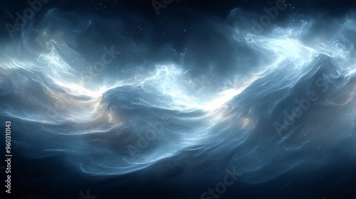 A celestial display of swirling blue and white cosmic clouds illuminated by distant stars in the dark expanse of space