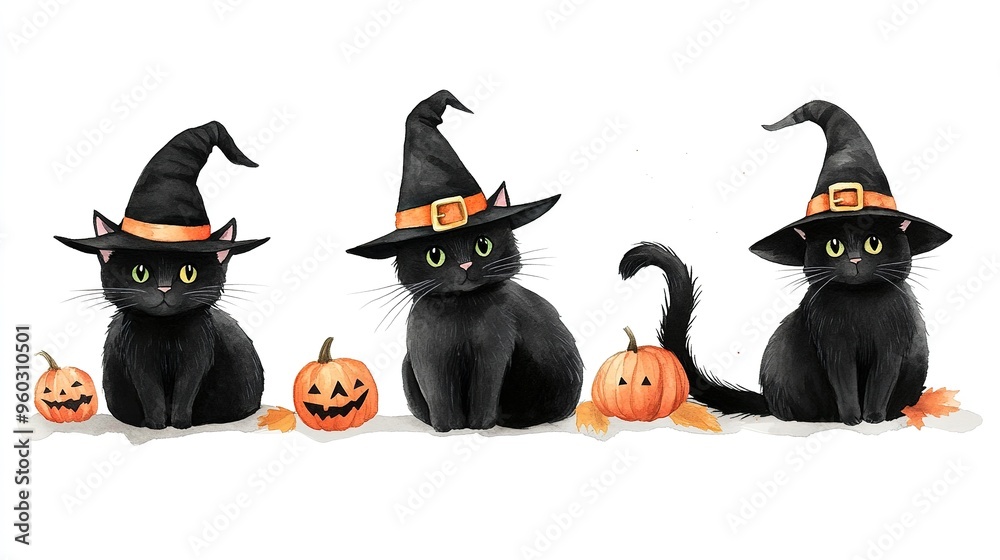 Fototapeta premium Three playful black cats in witch hats with pumpkins, celebrating Halloween in a whimsical and festive setting