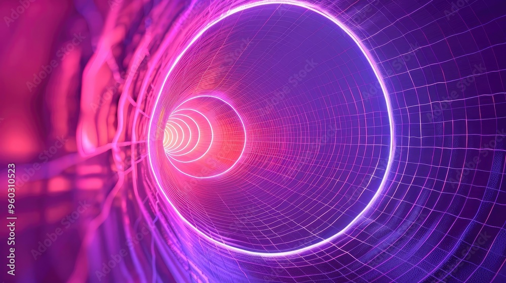 Abstract tunnel design with vibrant purple and pink lights illustrating depth and motion in digital art. Abstract tunnel design with vibrant purple and pink lights illustrating depth and motion in digital art.
