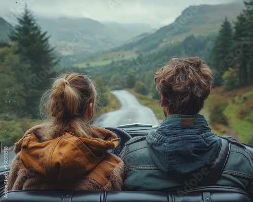 Joyful Family Adventure: Road Tripping Through Serene Countryside Scenery photo