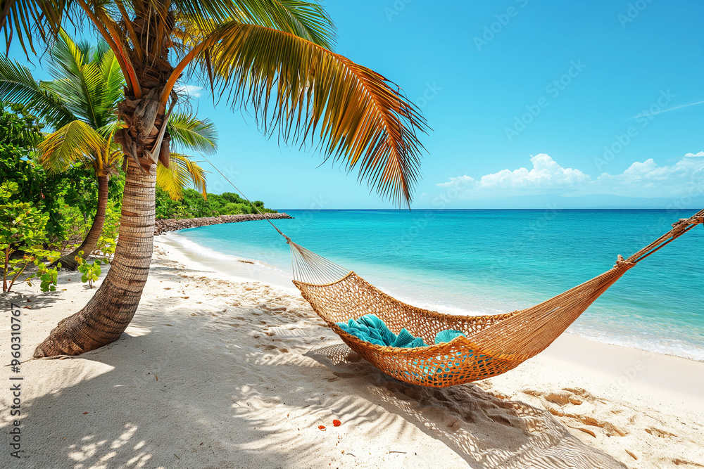Fototapeta premium Hammock between palm trees on white sand beach of tropical island