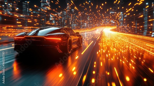 A car is driving down a road with a bright orange glow. The car is surrounded by a lot of sparks. Generative AI