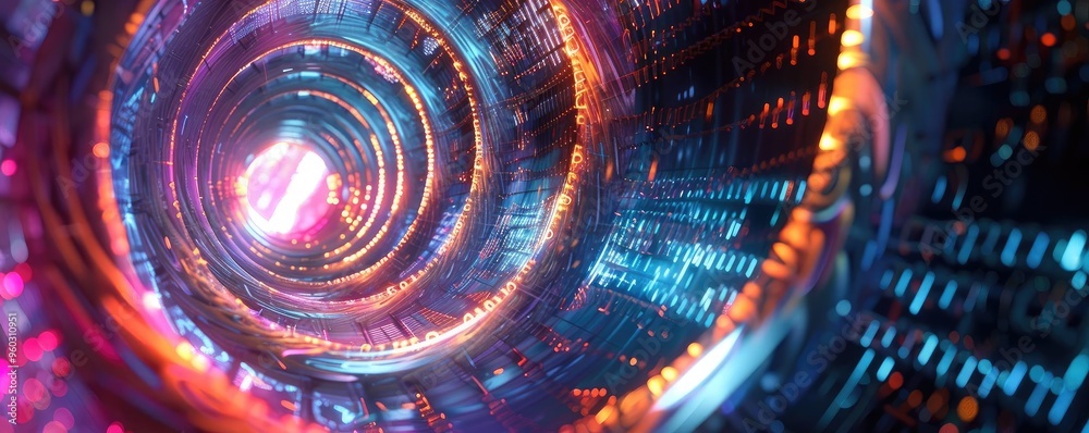 Futuristic tunnel with vibrant neon lights, creating a mesmerizing digital landscape in a sci-fi environment. Futuristic tunnel with vibrant neon lights, creating a mesmerizing digital landscape in a sci-fi environment.