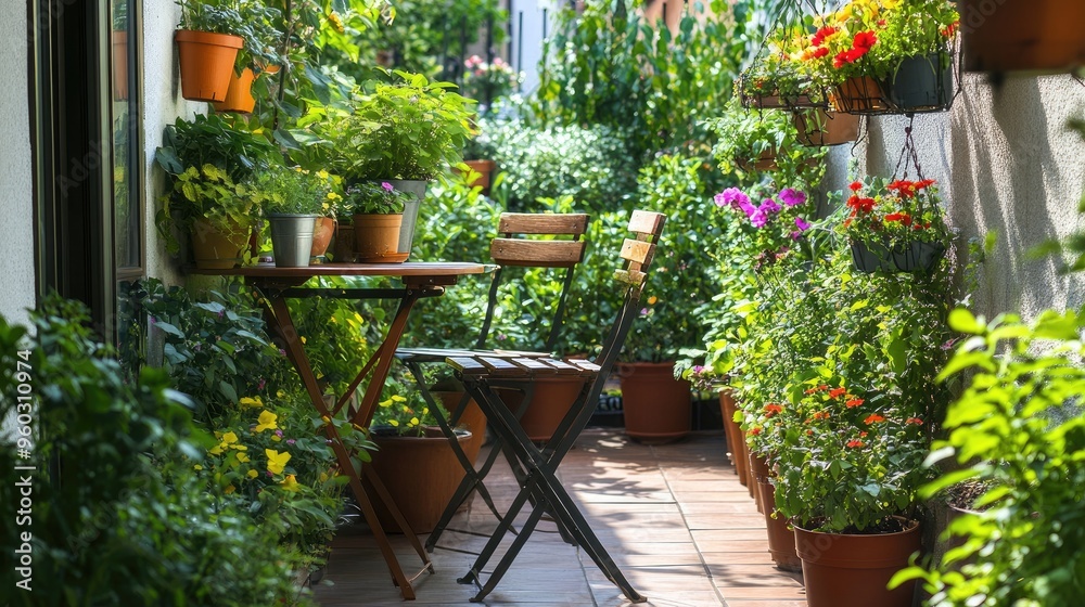 Small patio garden with potted plants, hanging baskets, and a cozy bistro table set. Small patio garden with potted plants, hanging baskets, and a cozy bistro table set.